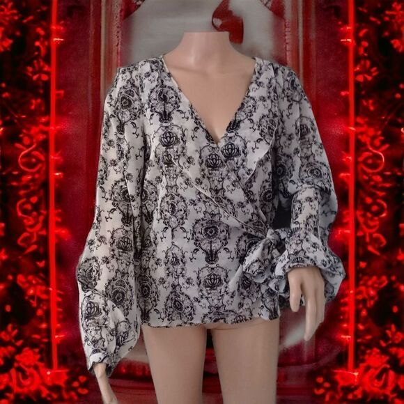 Tapemeasure Sheer Surplice Wrap L 12 Glitter Ruffled Neck Paisley Romantic Fairy - Picture 1 of 16